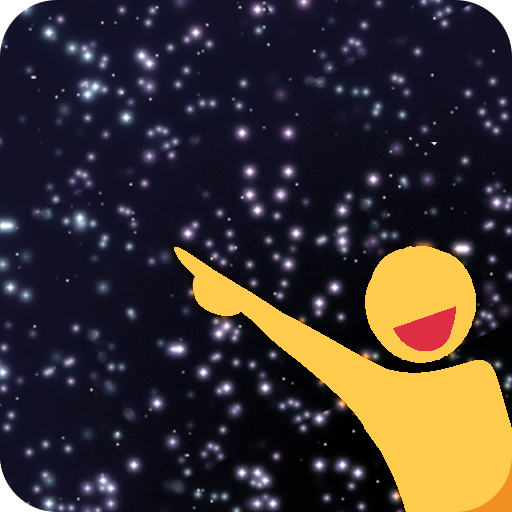 an emoji-yellow person excitedly pointing towards a starry night sky background